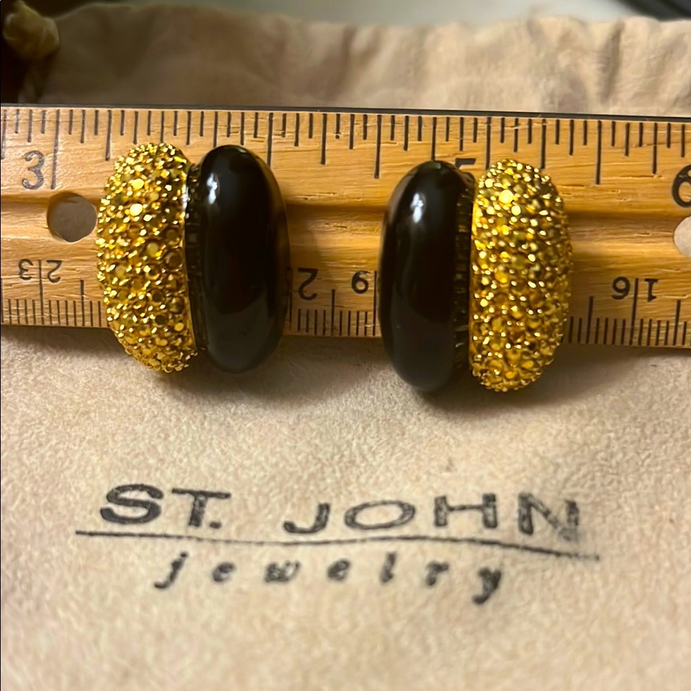 Vintage St. John Black Enamel, Gold Stone Pave Clip Earrings EEEUC
